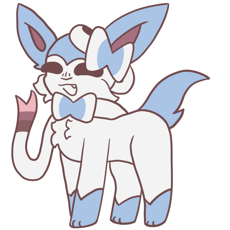 drawing of a sylveon that has blue accents instead of pink and pink inner ears and ribbon ends instead of blue